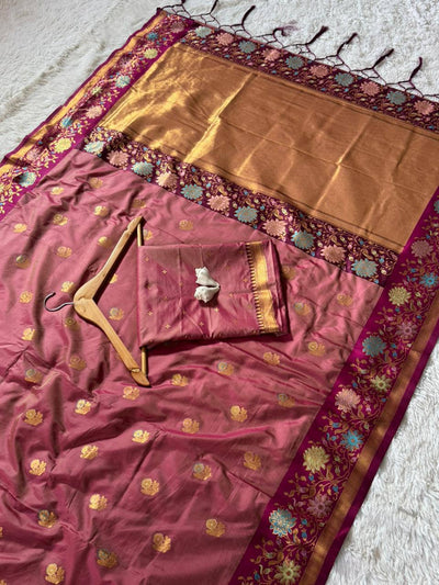 Rosewood Blush Premium Luxury Silk Saree with Antique Gold Butti Weave & Multicolour Floral Zari Border