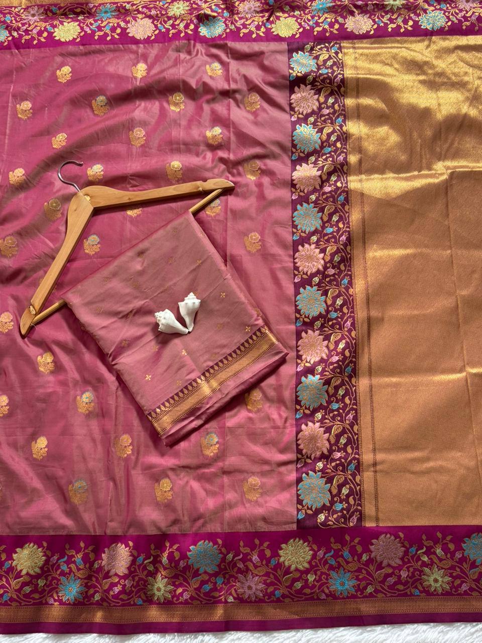 Rosewood Blush Premium Luxury Silk Saree with Antique Gold Butti Weave & Multicolour Floral Zari Border