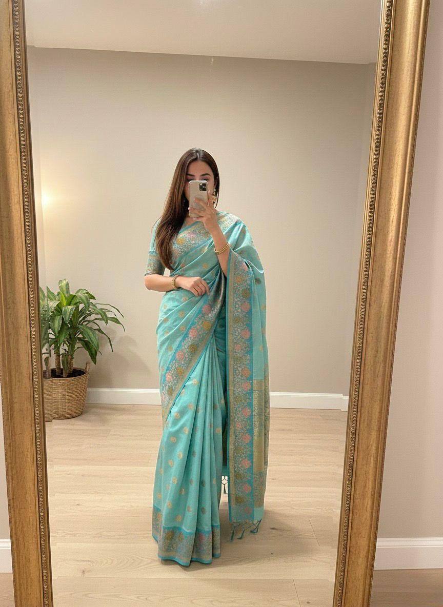 Celestial Aqua Premium Luxury Silk Saree with Antique Gold Butti & Multicolour Floral Zari Border