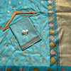 Celestial Aqua Premium Luxury Silk Saree with Antique Gold Butti & Multicolour Floral Zari Border