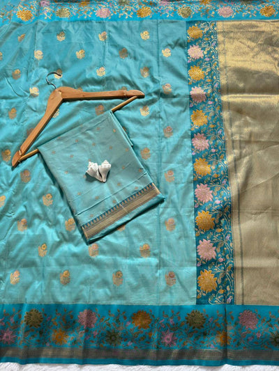 Celestial Aqua Premium Luxury Silk Saree with Antique Gold Butti & Multicolour Floral Zari Border