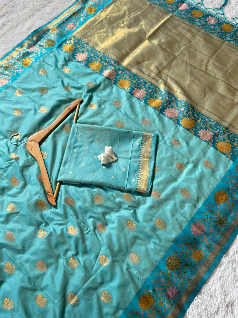 Celestial Aqua Premium Luxury Silk Saree with Antique Gold Butti & Multicolour Floral Zari Border