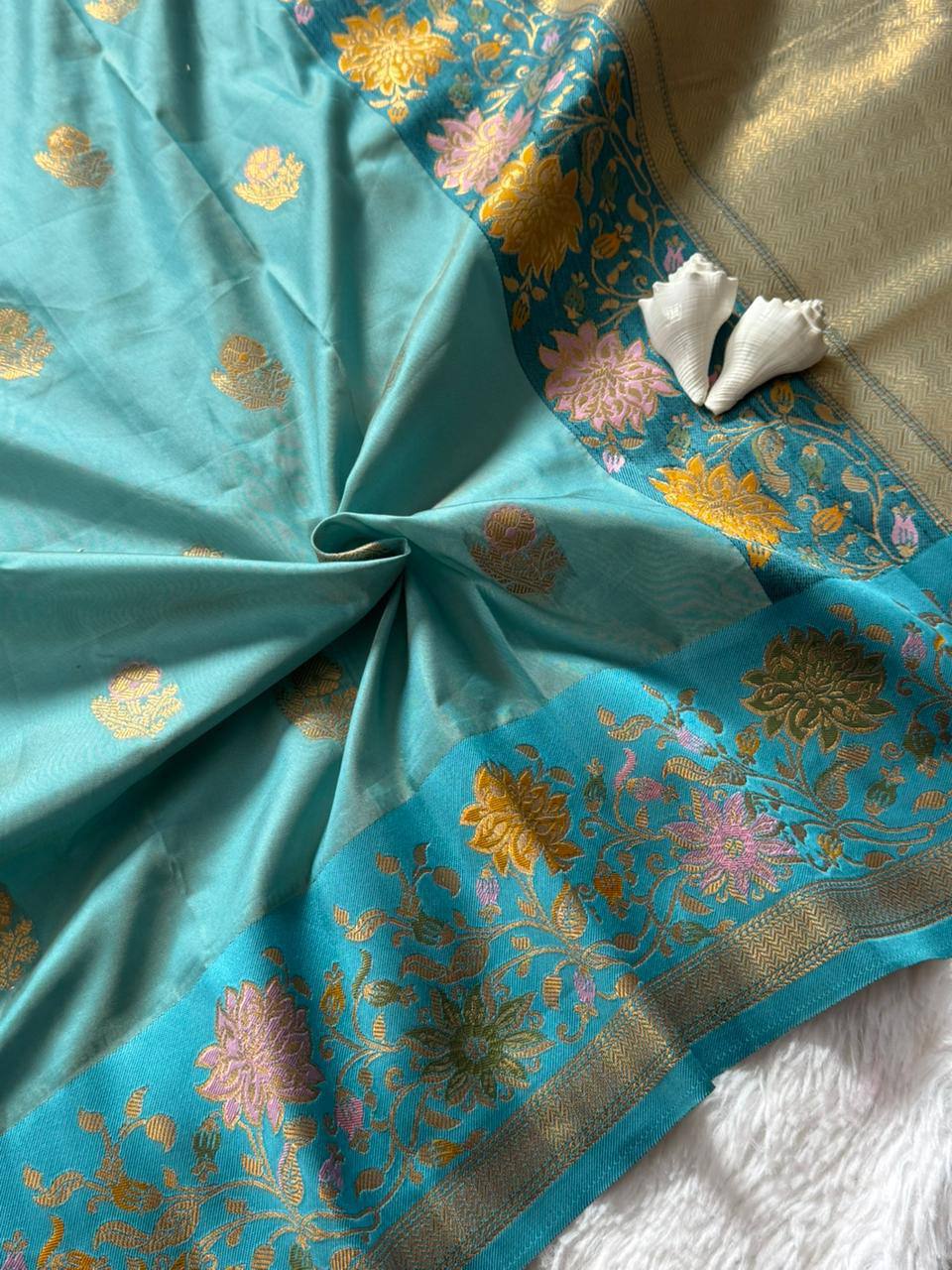 Celestial Aqua Premium Luxury Silk Saree with Antique Gold Butti & Multicolour Floral Zari Border