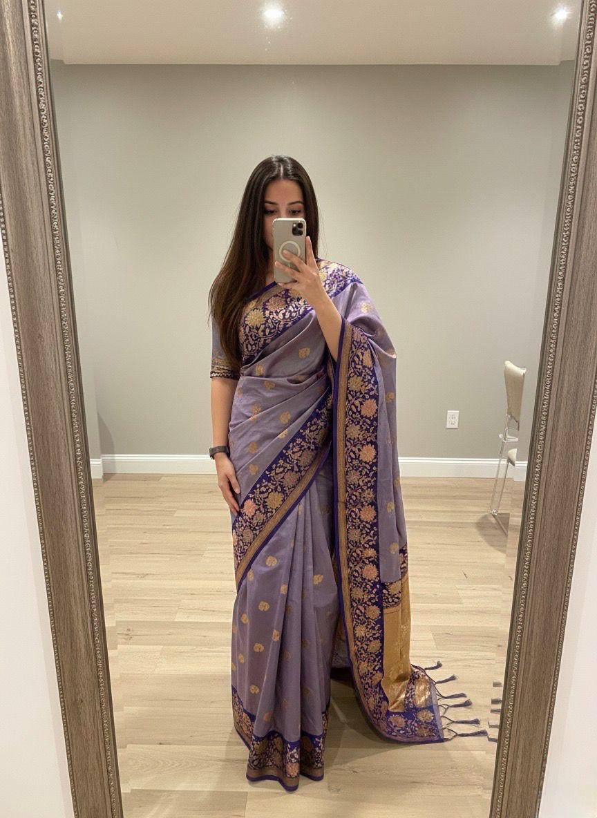 Royal Iris Purple Premium Luxury Silk Saree with Antique Gold Butti & Multicolour Floral Zari Border