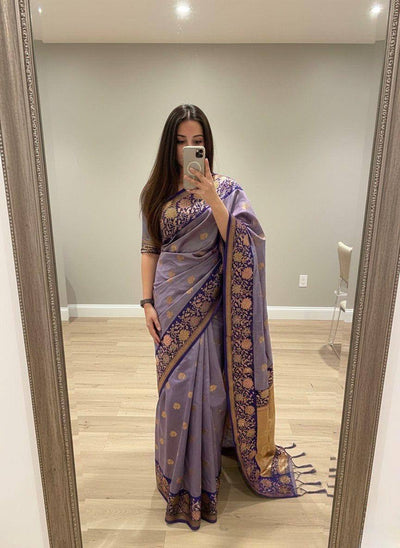 Royal Iris Purple Premium Luxury Silk Saree with Antique Gold Butti & Multicolour Floral Zari Border