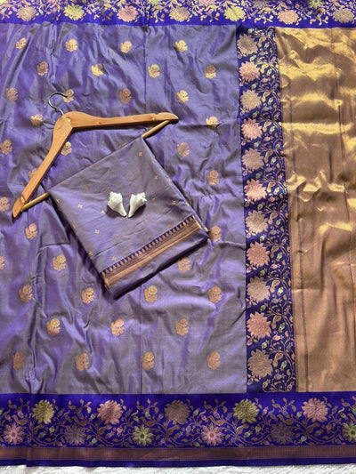 Royal Iris Purple Premium Luxury Silk Saree with Antique Gold Butti & Multicolour Floral Zari Border