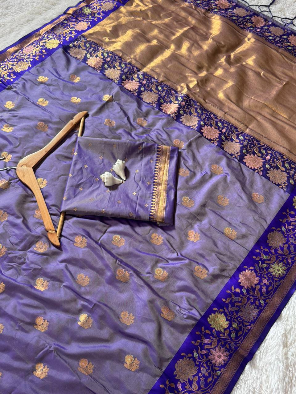 Royal Iris Purple Premium Luxury Silk Saree with Antique Gold Butti & Multicolour Floral Zari Border