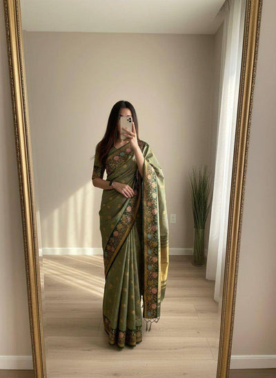 Verdant Olive Green Premium Luxury Silk Saree with Antique Gold Butti & Multicolour Floral Zari Border