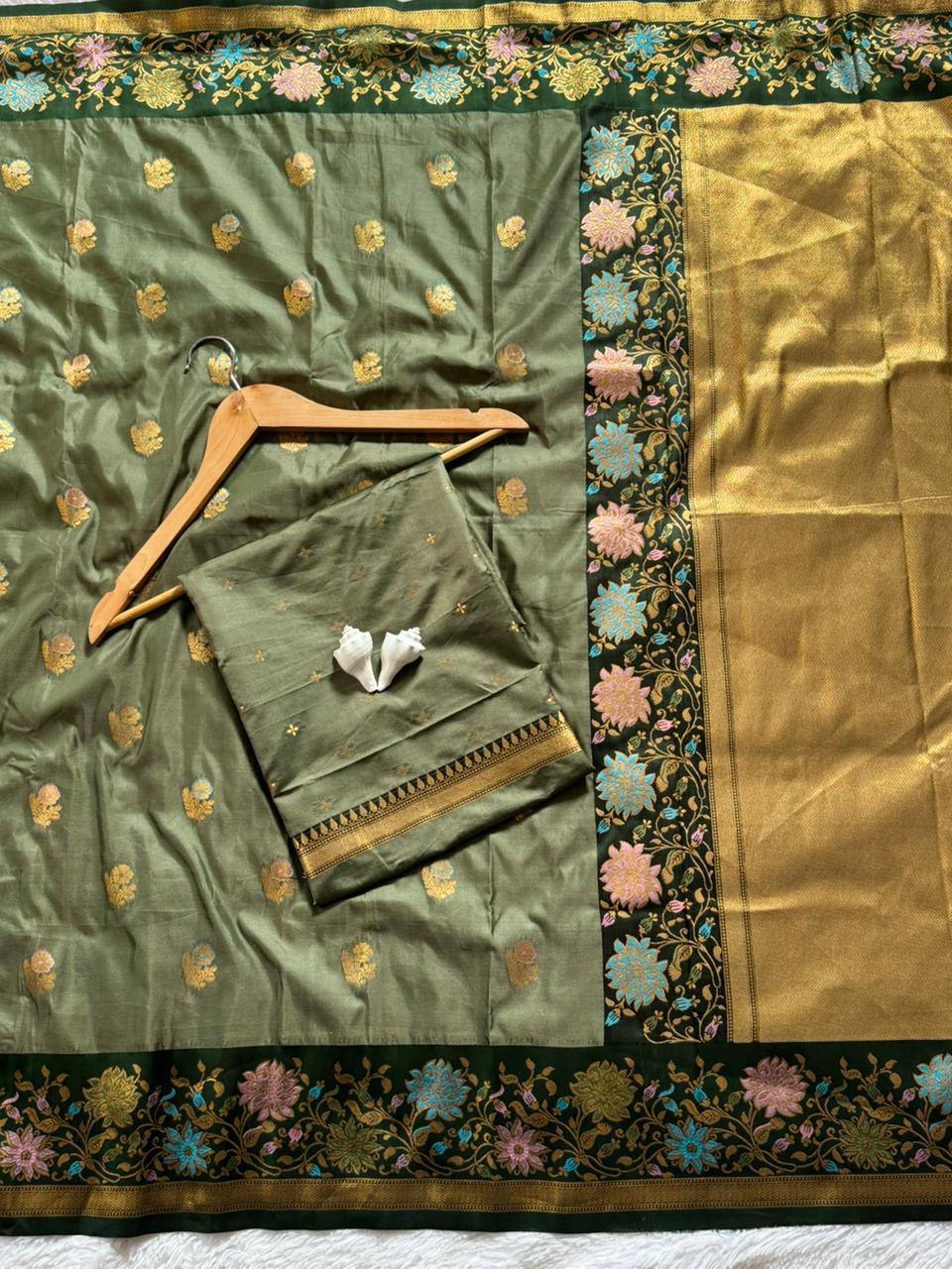 Verdant Olive Green Premium Luxury Silk Saree with Antique Gold Butti & Multicolour Floral Zari Border