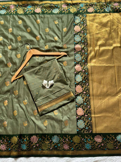 Verdant Olive Green Premium Luxury Silk Saree with Antique Gold Butti & Multicolour Floral Zari Border