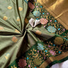Verdant Olive Green Premium Luxury Silk Saree with Antique Gold Butti & Multicolour Floral Zari Border