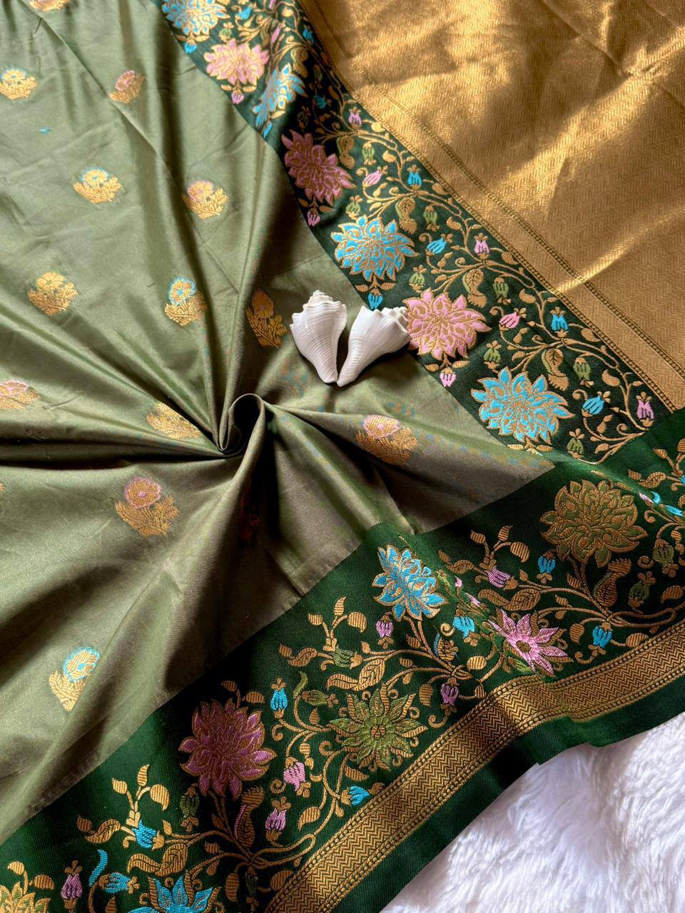 Verdant Olive Green Premium Luxury Silk Saree with Antique Gold Butti & Multicolour Floral Zari Border