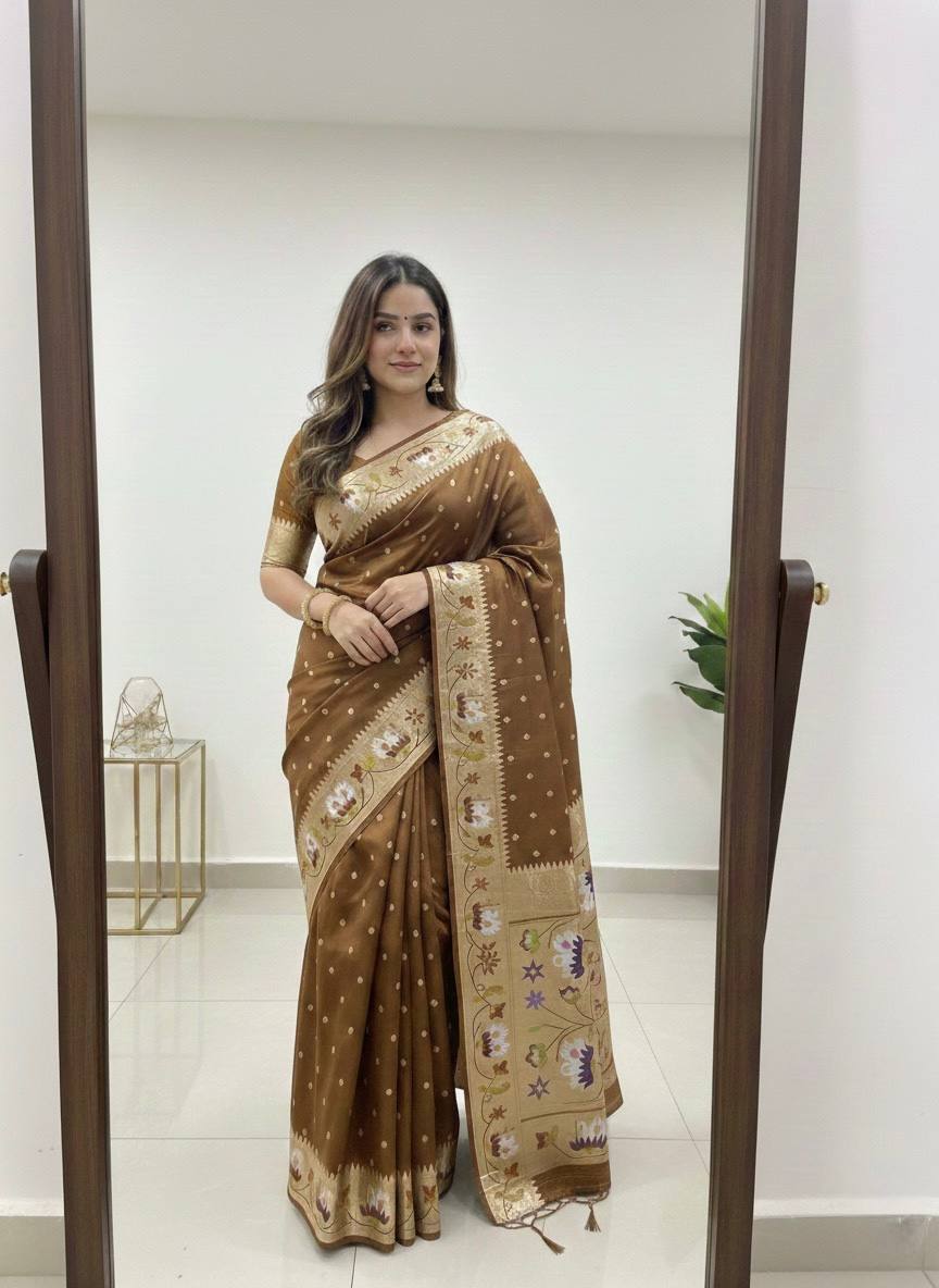 Antique Gold Premium Luxury Silk Saree with Multicolour Floral Zari Border & Classic Gold Butti