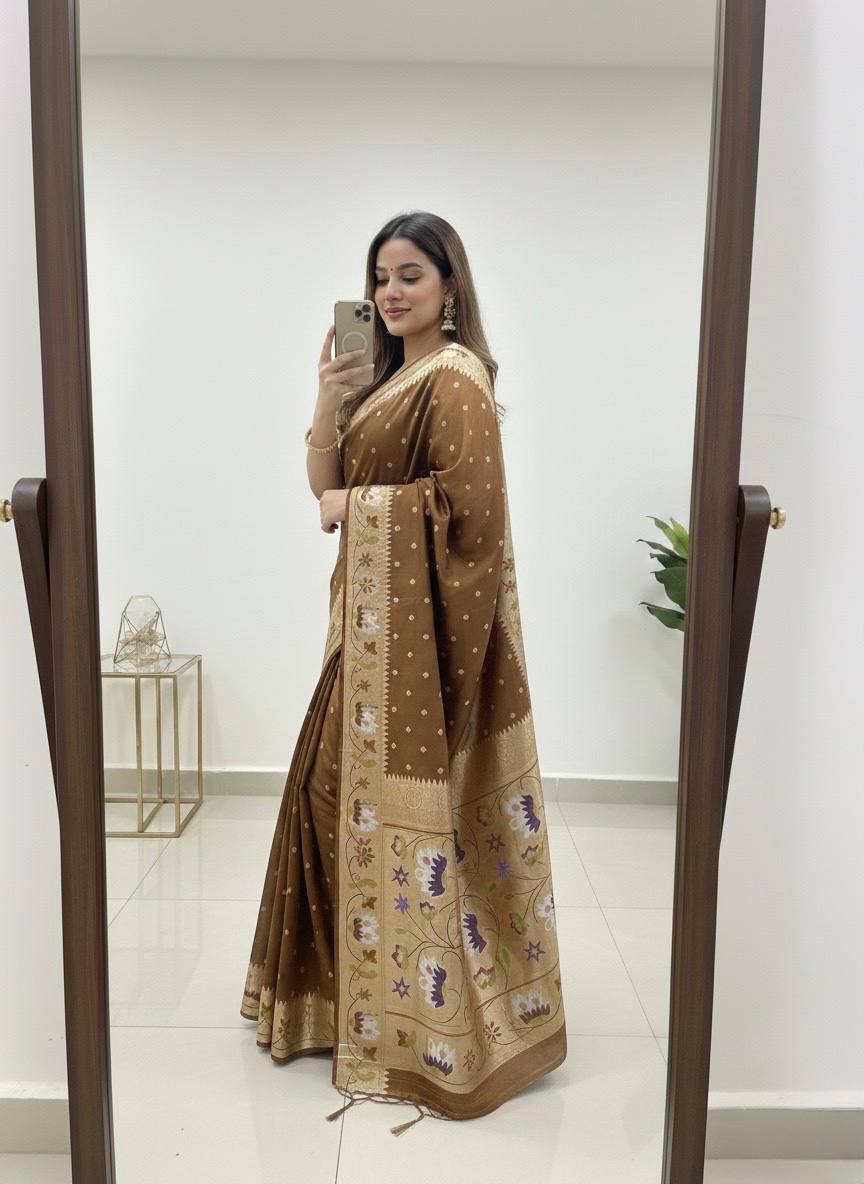 Antique Gold Premium Luxury Silk Saree with Multicolour Floral Zari Border & Classic Gold Butti