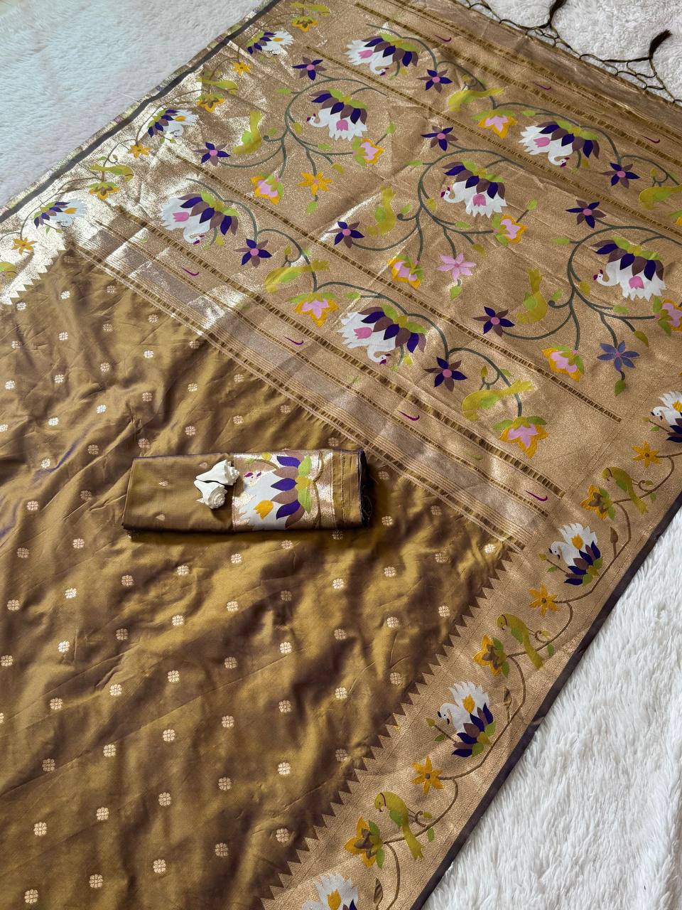 Antique Gold Premium Luxury Silk Saree with Multicolour Floral Zari Border & Classic Gold Butti