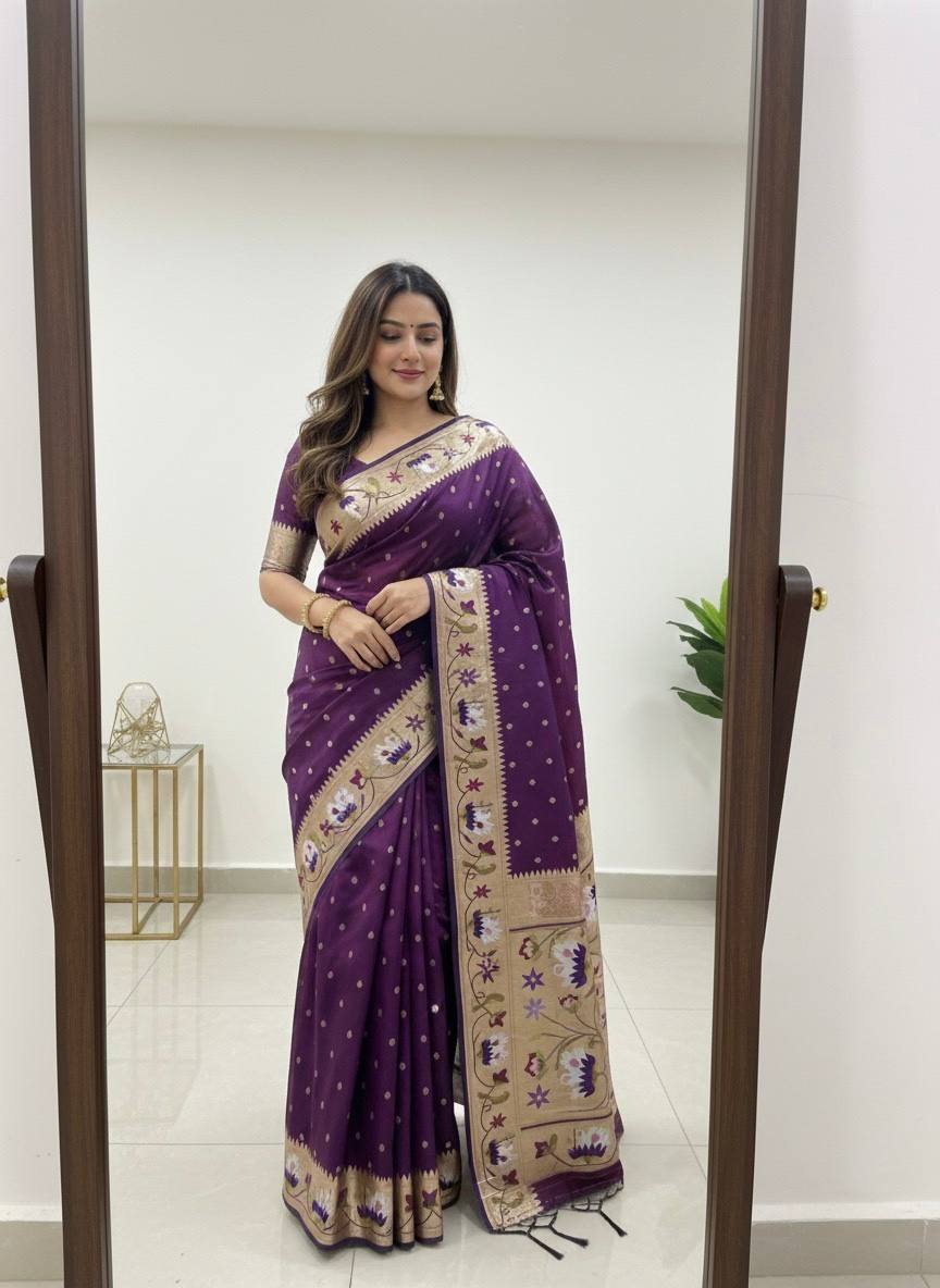Royal Plum Purple Premium Luxury Silk Saree with Multicolour Floral Meenakari Border & Gold Zari Butti
