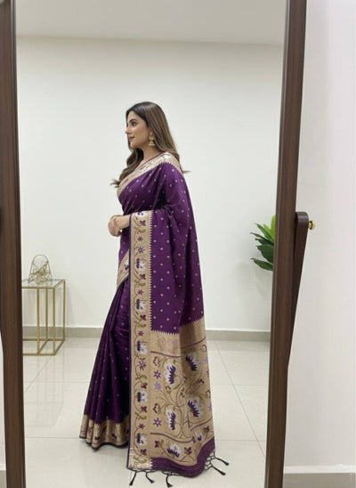 Royal Plum Purple Premium Luxury Silk Saree with Multicolour Floral Meenakari Border & Gold Zari Butti