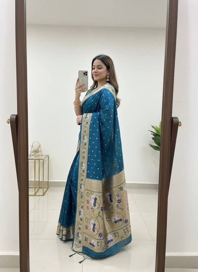 Royal Teal Blue Premium Luxury Silk Saree with Multicolour Meenakari Floral Border & Gold Zari Butti