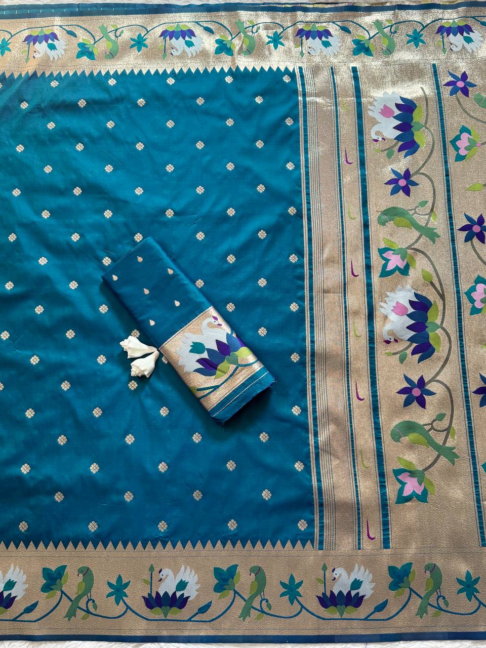 Royal Teal Blue Premium Luxury Silk Saree with Multicolour Meenakari Floral Border & Gold Zari Butti