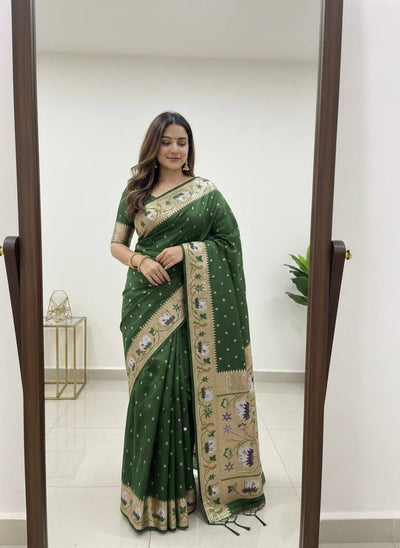 Regal Forest Green Premium Luxury Silk Saree with Multicolour Meenakari Floral Border & Gold Zari Butti