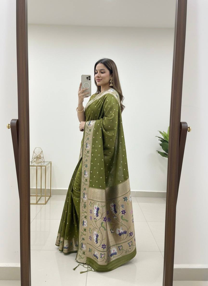 Regal Forest Green Premium Luxury Silk Saree with Multicolour Meenakari Floral Border & Gold Zari Butti