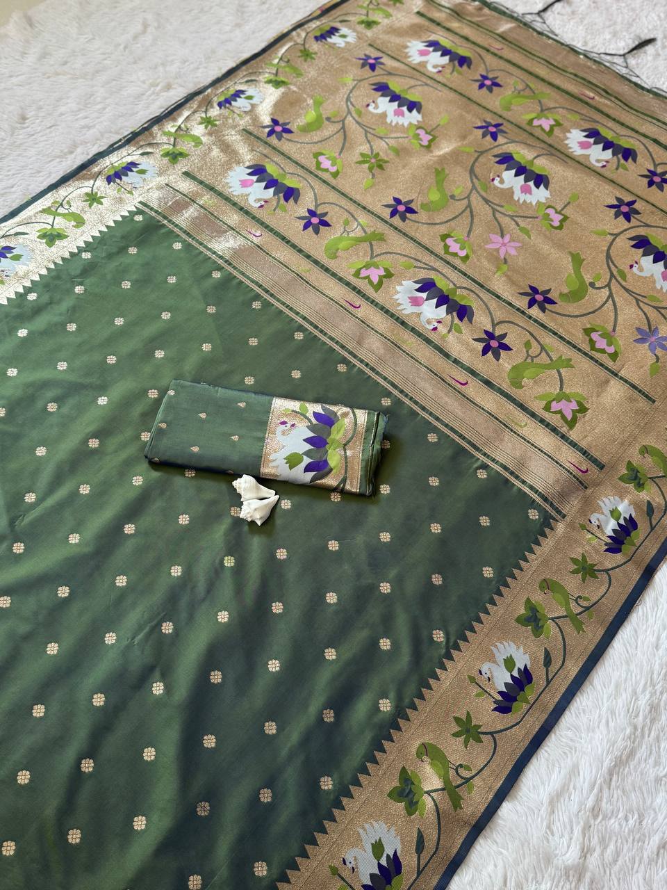 Regal Forest Green Premium Luxury Silk Saree with Multicolour Meenakari Floral Border & Gold Zari Butti