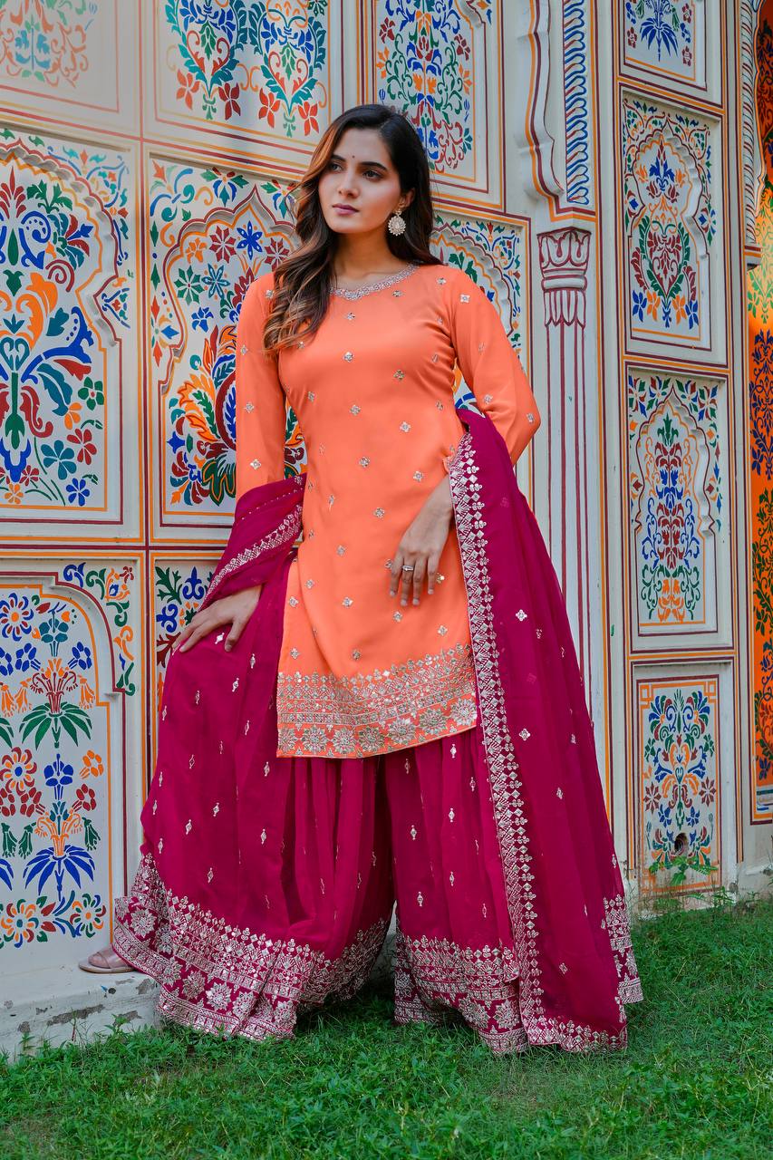 Royal Peach Luxury Embroidered Anarkali Suit Set with Heavy Border Dupatta