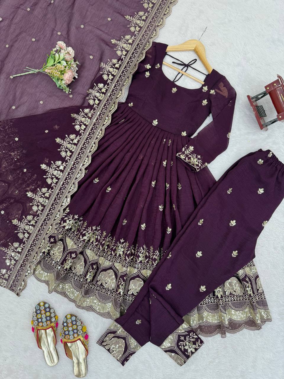 Luxury Embroidered Anarkali Suit Set with Heavy Border Dupatta (3 Color Options)