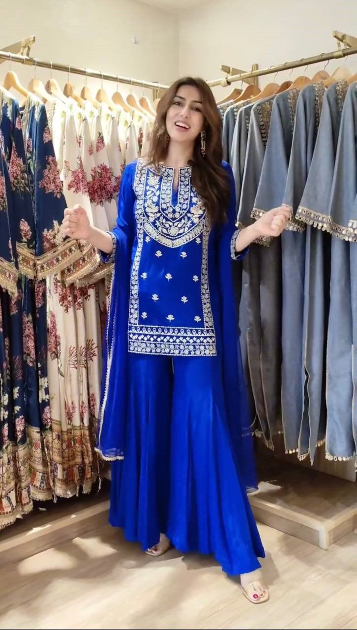 Royal Blue Embroidered Anarkali Suit Set with Statement Dupatta