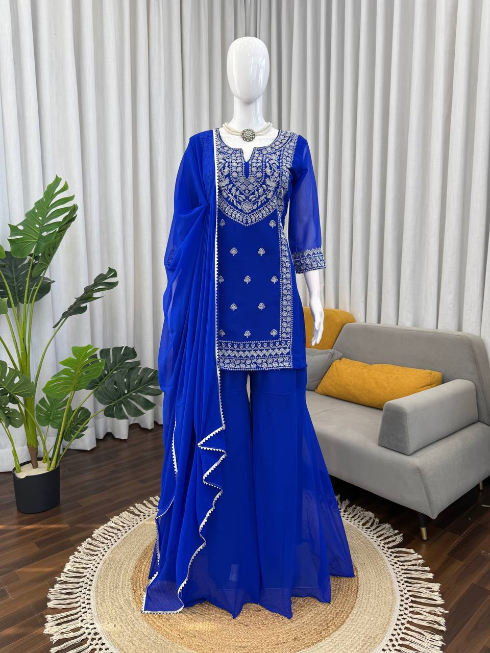 Royal Blue Embroidered Anarkali Suit Set with Statement Dupatta