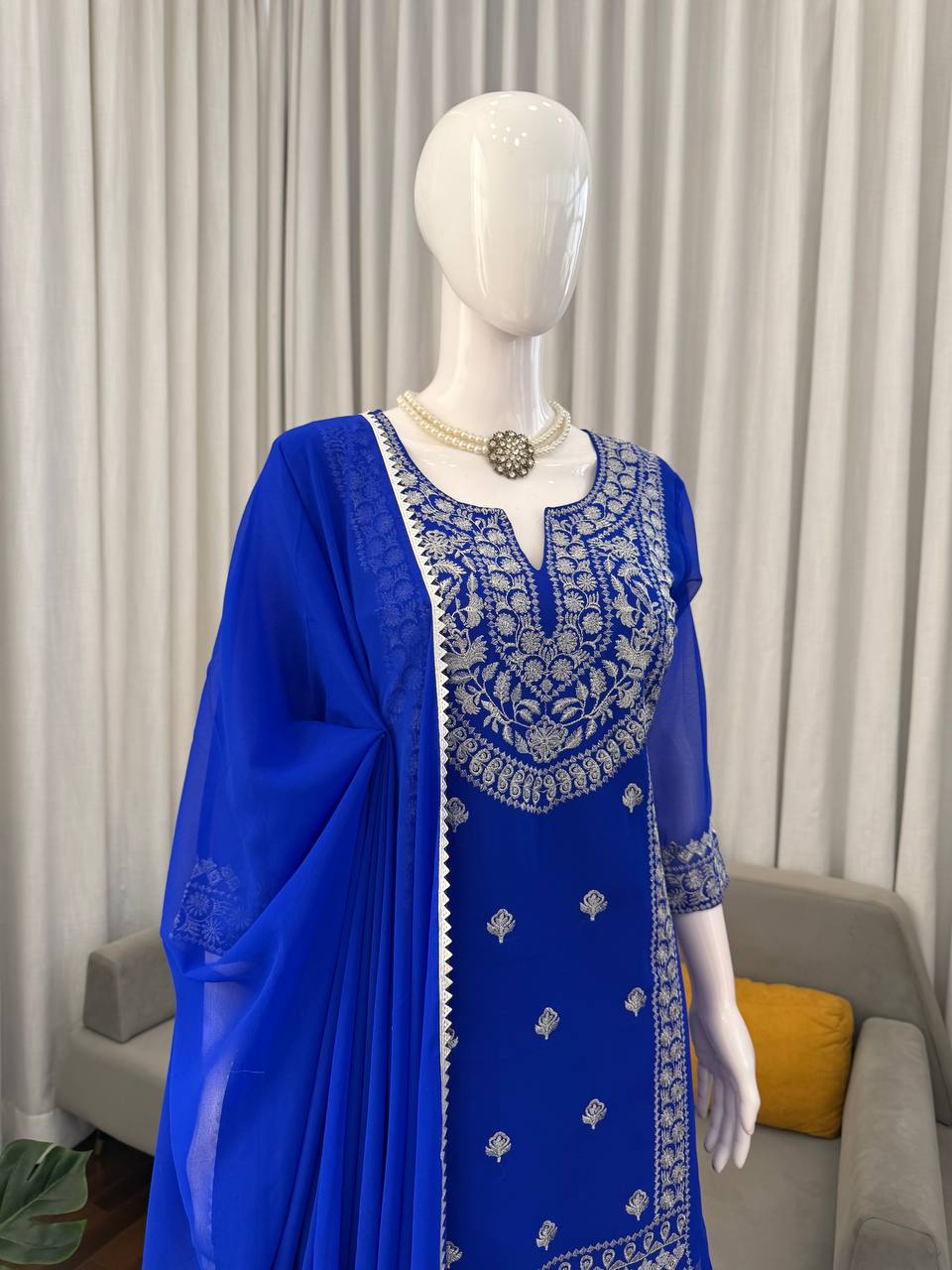Royal Blue Embroidered Anarkali Suit Set with Statement Dupatta