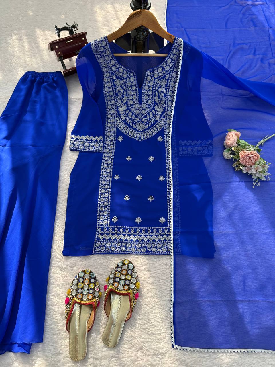 Royal Blue Embroidered Anarkali Suit Set with Statement Dupatta
