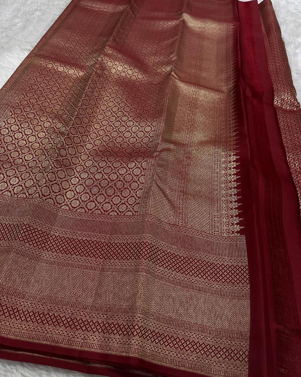 Royal Maroon Banarasi Silk Saree with Rich Gold Zari Geometric Border | Elegant Wedding & Festive Wear