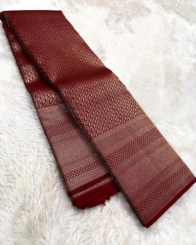 Royal Maroon Banarasi Silk Saree with Rich Gold Zari Geometric Border | Elegant Wedding & Festive Wear