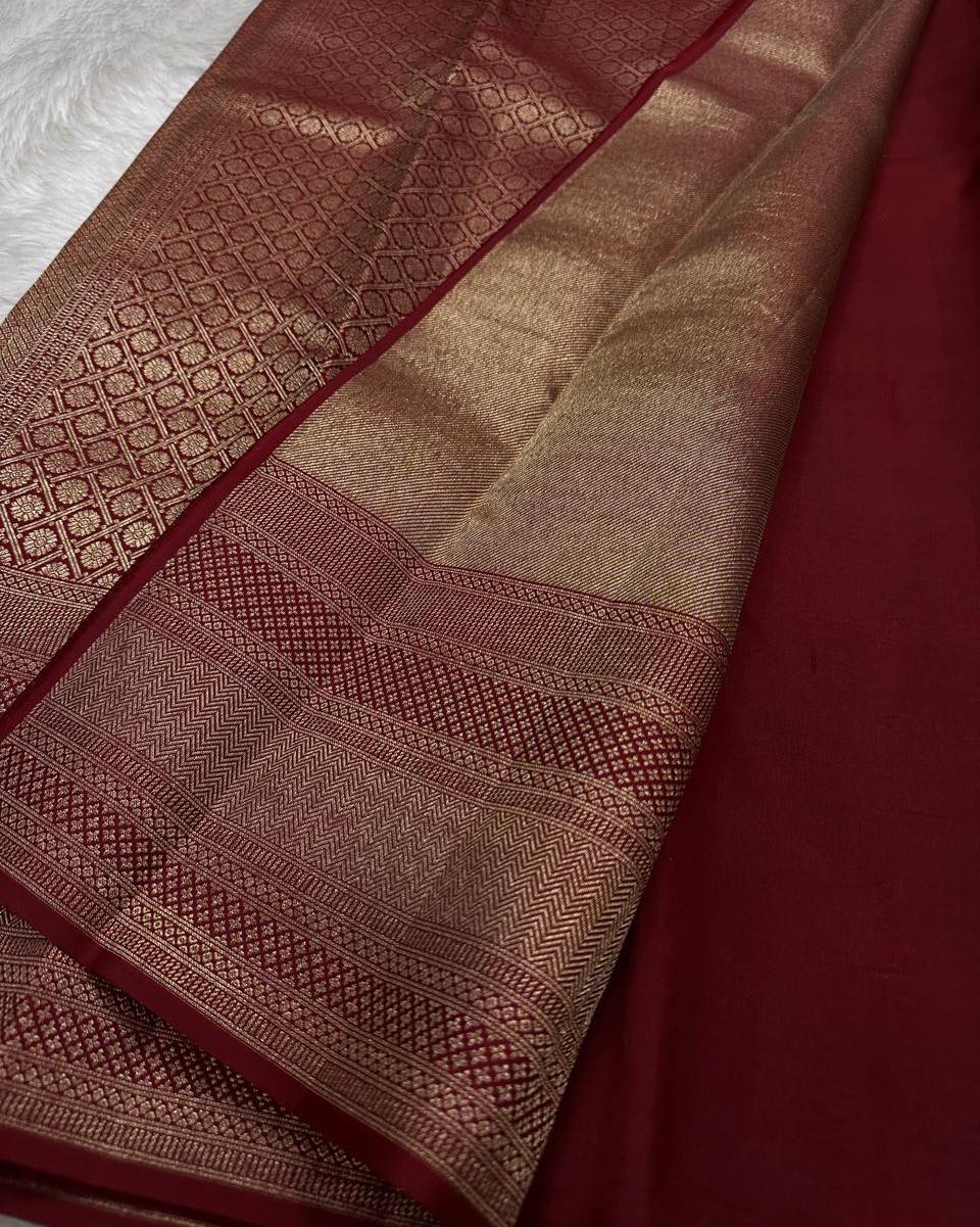 Royal Maroon Banarasi Silk Saree with Rich Gold Zari Geometric Border | Elegant Wedding & Festive Wear