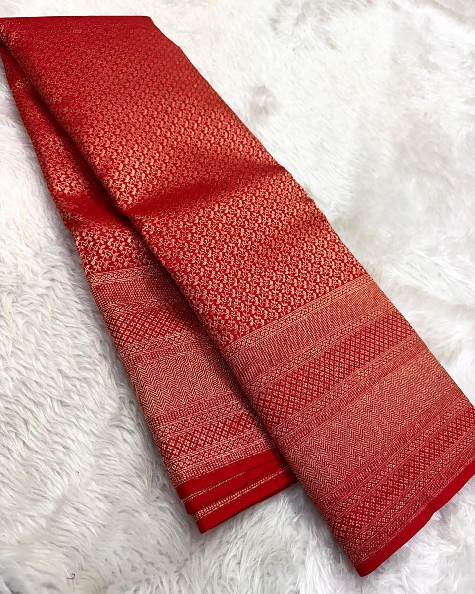 Royal Red Banarasi Silk Saree with All-Over Micro Zari Weaving & Rich Geometric Border | Premium Wedding & Festive Wear