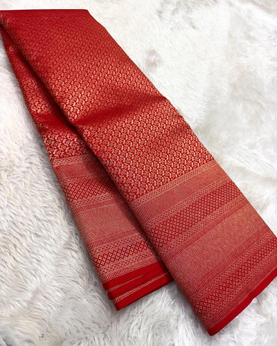 Royal Red Banarasi Silk Saree with All-Over Micro Zari Weaving & Rich Geometric Border | Premium Wedding & Festive Wear