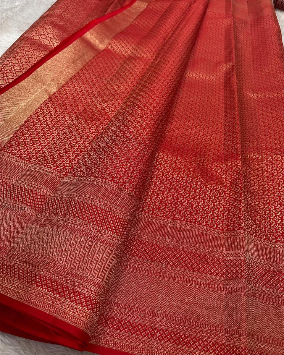 Royal Red Banarasi Silk Saree with All-Over Micro Zari Weaving & Rich Geometric Border | Premium Wedding & Festive Wear