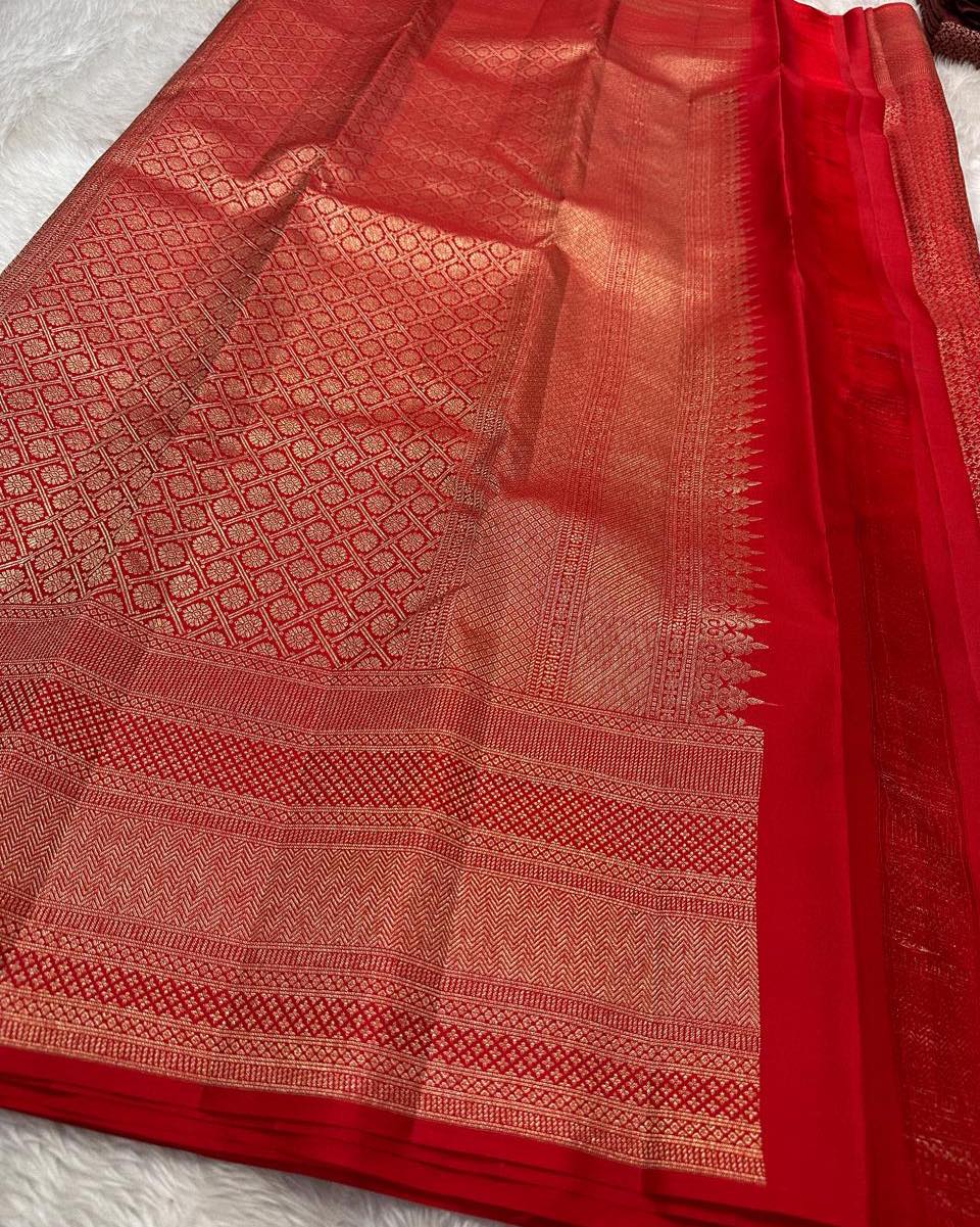 Royal Red Banarasi Silk Saree with All-Over Micro Zari Weaving & Rich Geometric Border | Premium Wedding & Festive Wear