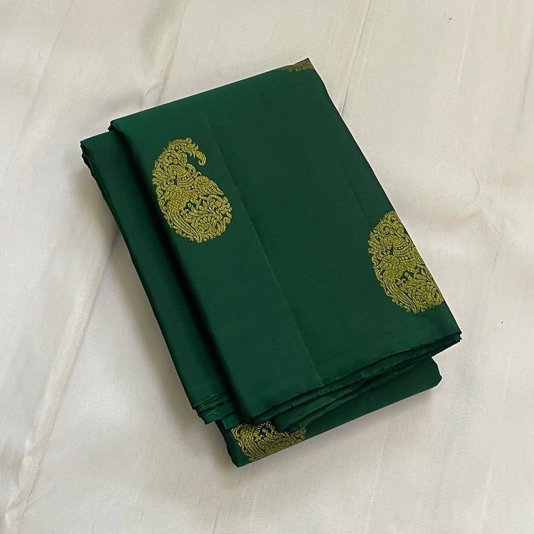 Royal Bottle Green Banarasi Silk Saree with Gold Paisley Butti & Rich Zari Pallu | Premium Wedding & Festive Wear
