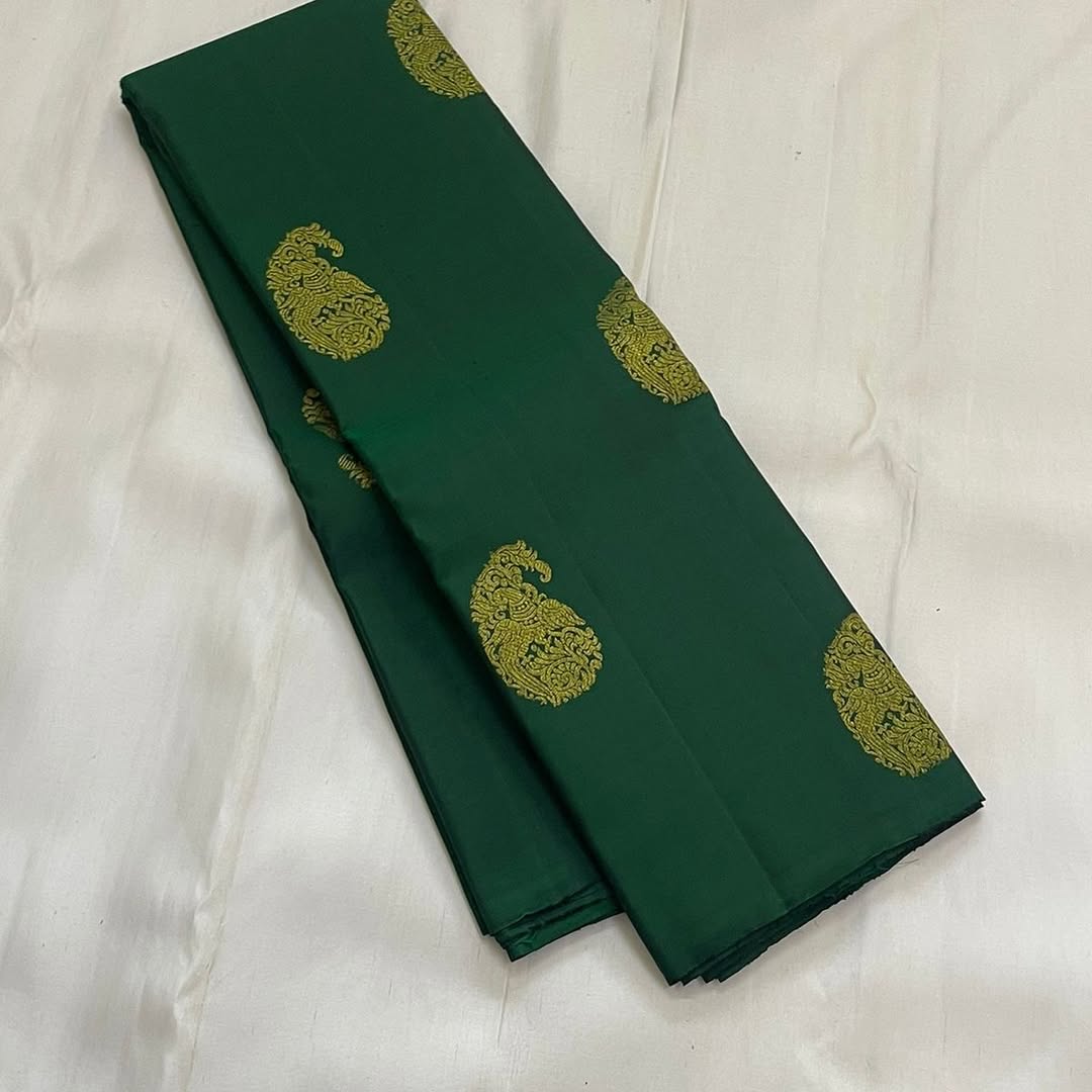 Royal Bottle Green Banarasi Silk Saree with Gold Paisley Butti & Rich Zari Pallu | Premium Wedding & Festive Wear