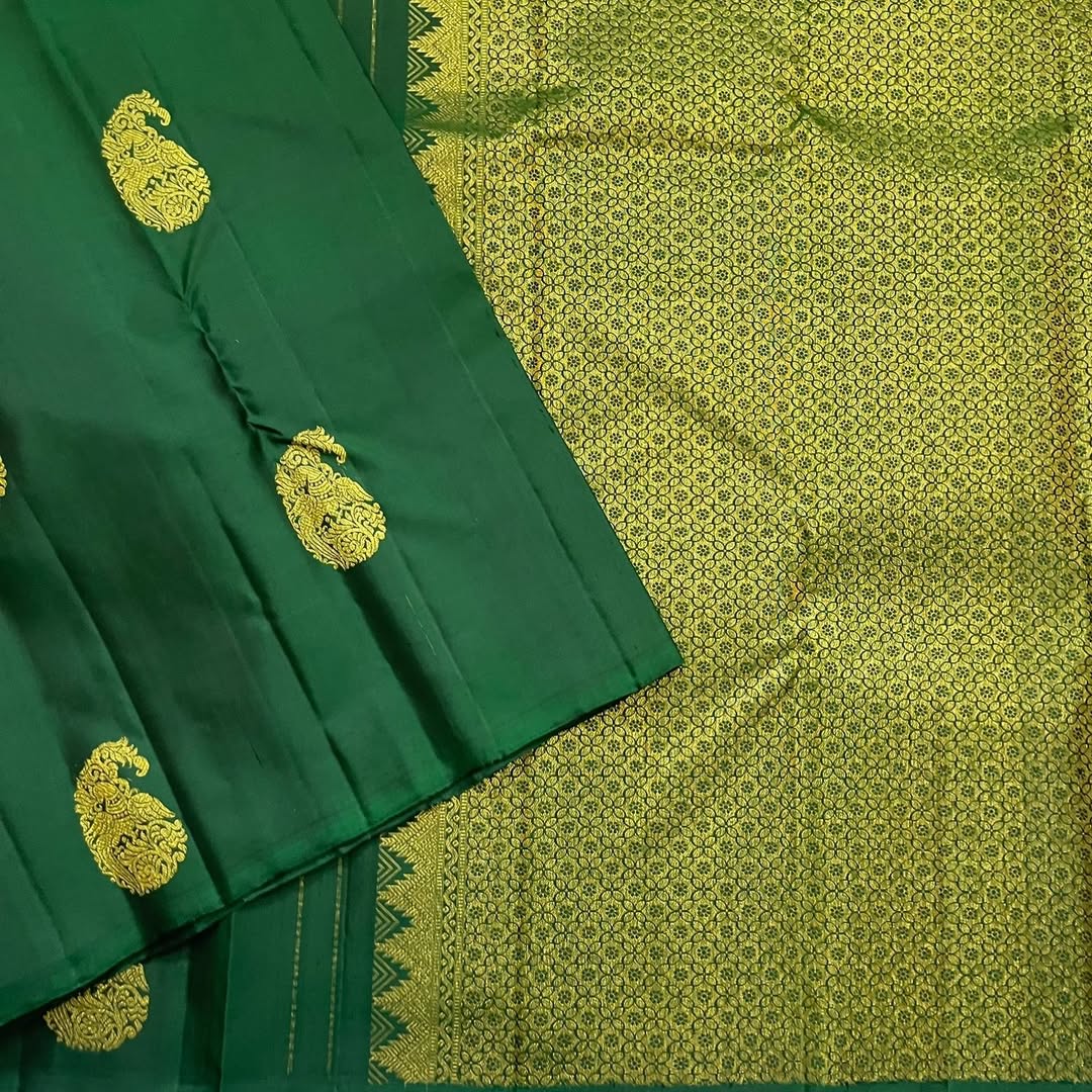 Royal Bottle Green Banarasi Silk Saree with Gold Paisley Butti & Rich Zari Pallu | Premium Wedding & Festive Wear