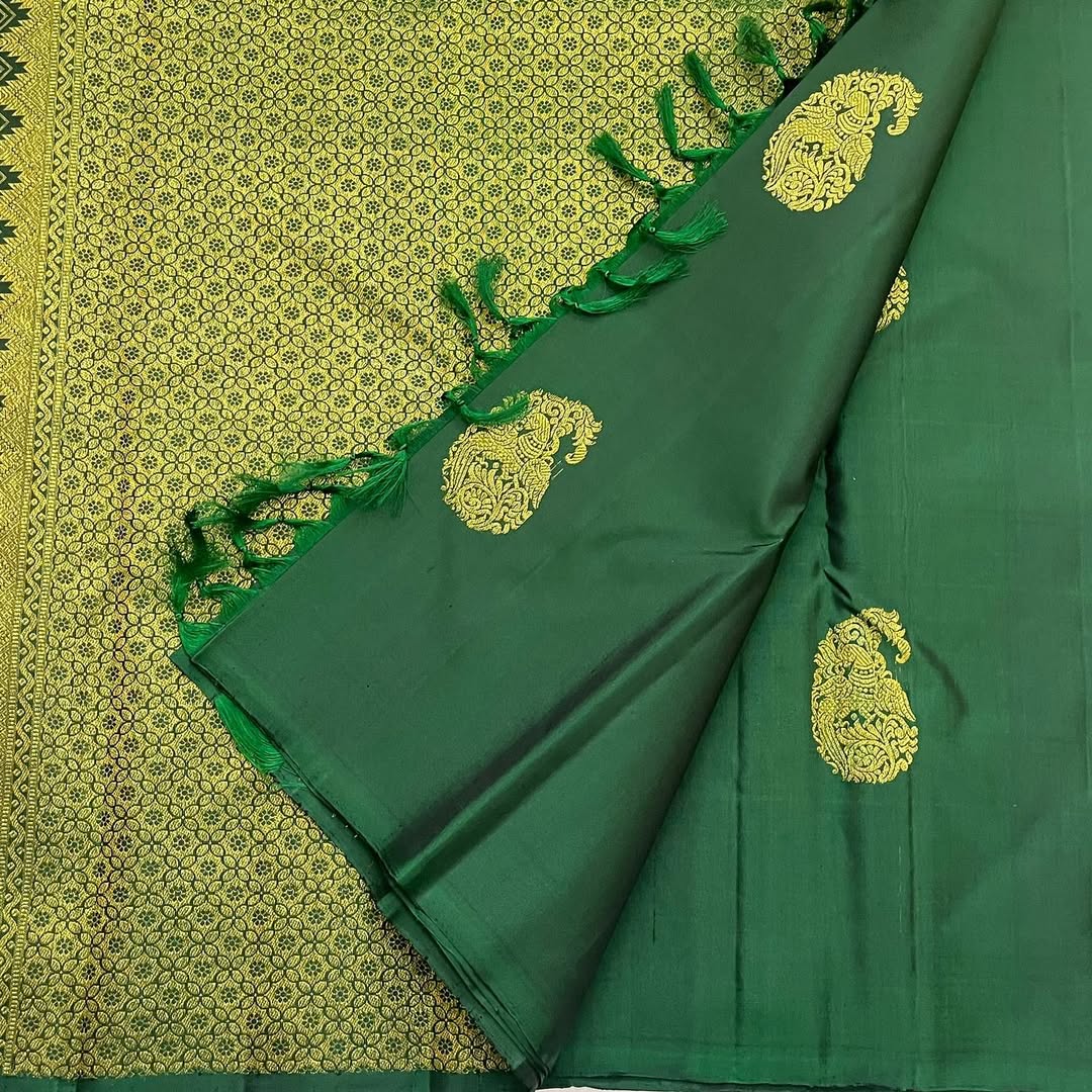 Royal Bottle Green Banarasi Silk Saree with Gold Paisley Butti & Rich Zari Pallu | Premium Wedding & Festive Wear