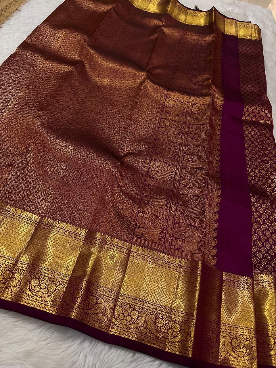 Royal Copper Brown Banarasi Silk Saree with Elephant Zari Border & Contrast Wine Pallu | Premium Wedding & Festive Wear