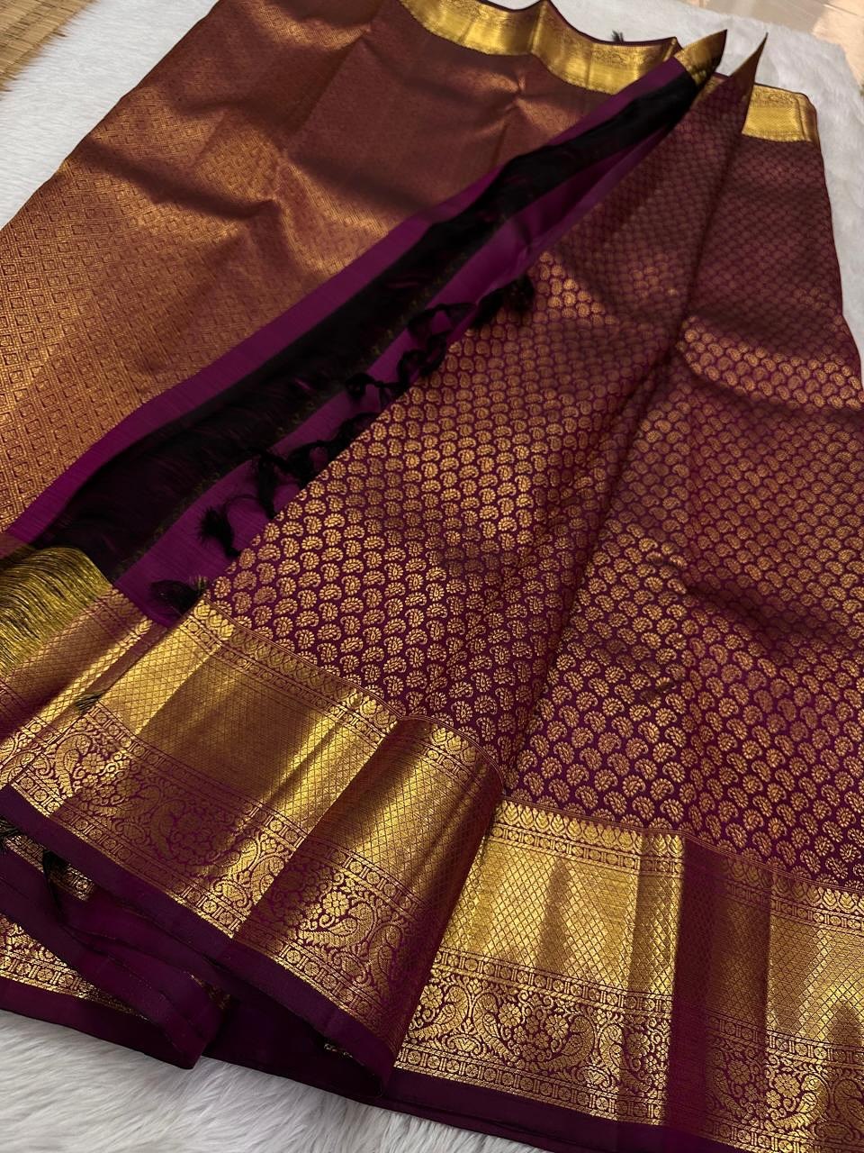 Royal Copper Brown Banarasi Silk Saree with Elephant Zari Border & Contrast Wine Pallu | Premium Wedding & Festive Wear