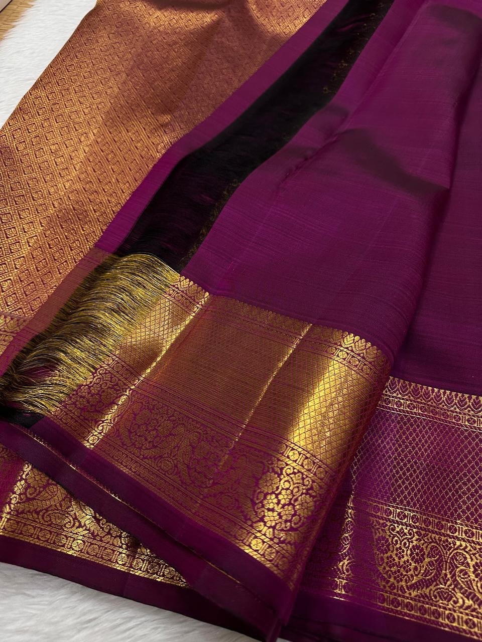 Royal Copper Brown Banarasi Silk Saree with Elephant Zari Border & Contrast Wine Pallu | Premium Wedding & Festive Wear