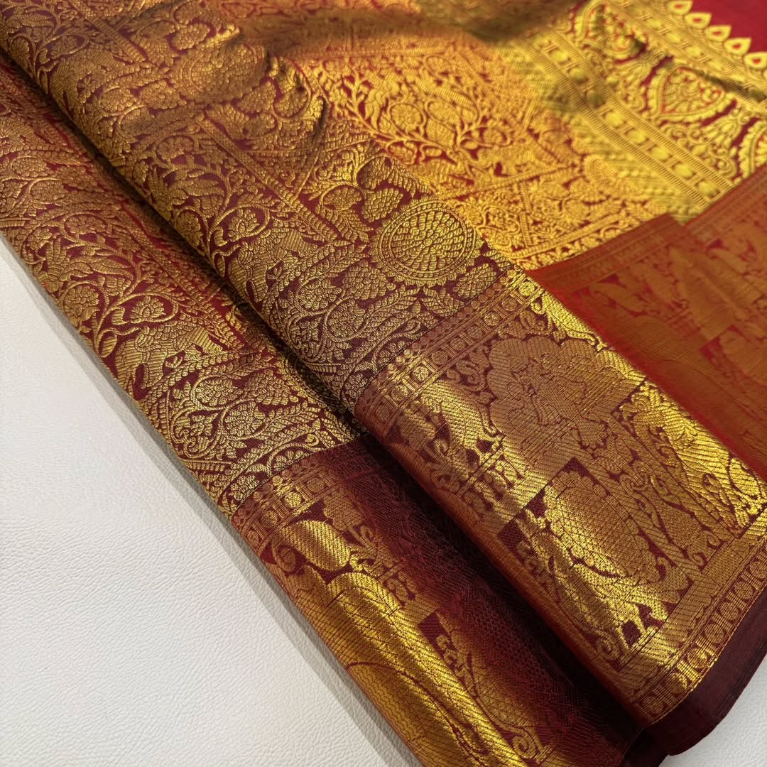 Grand Bridal Maroon Banarasi Silk Saree with All-Over Zari Weaving & Royal Elephant Border | Premium Wedding Wear