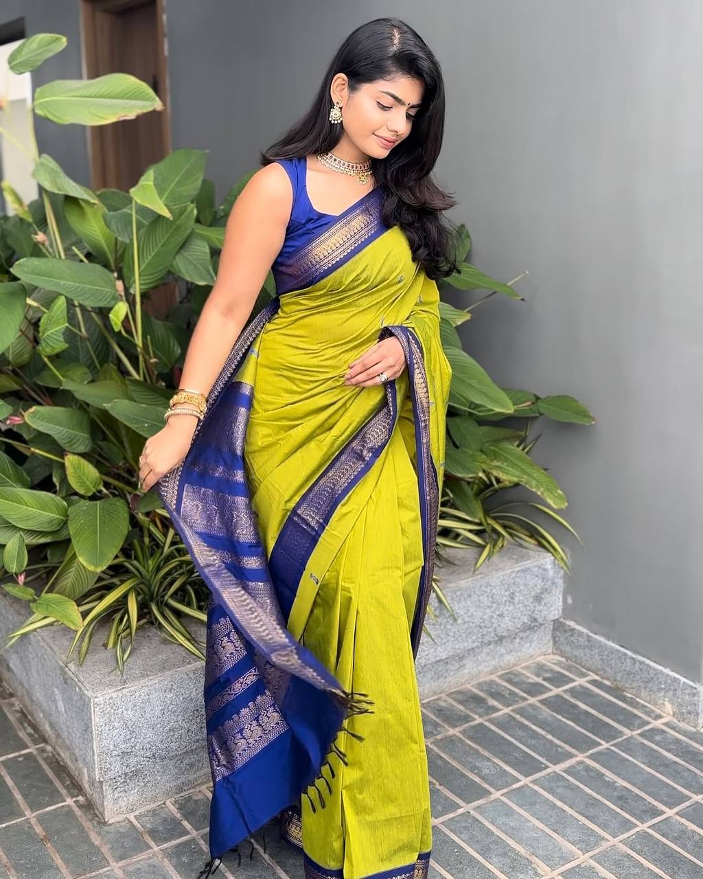 Vibrant Lime Green Silk Saree with Royal Blue Zari Border | Premium Traditional & Festive Wear