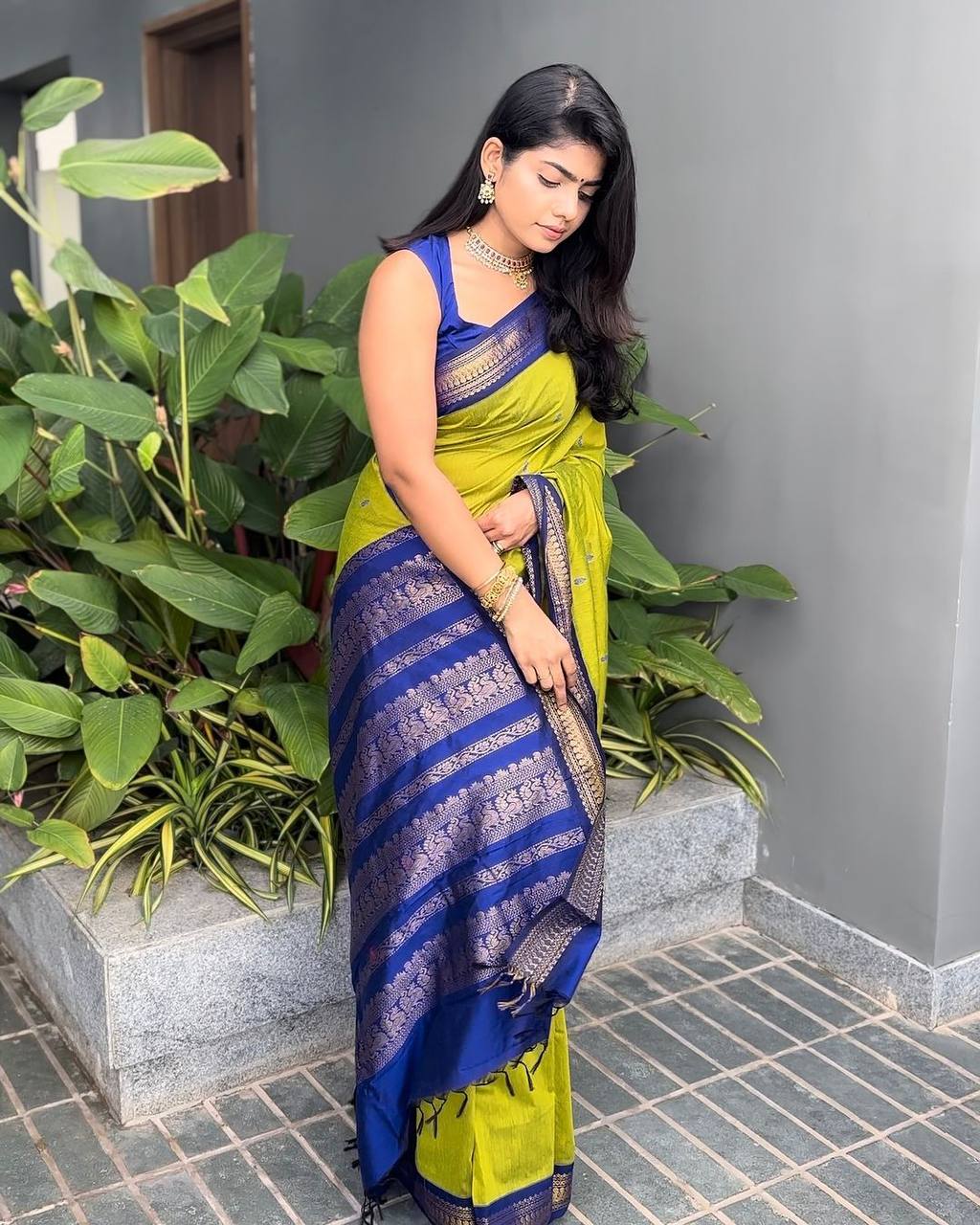 Vibrant Lime Green Silk Saree with Royal Blue Zari Border | Premium Traditional & Festive Wear