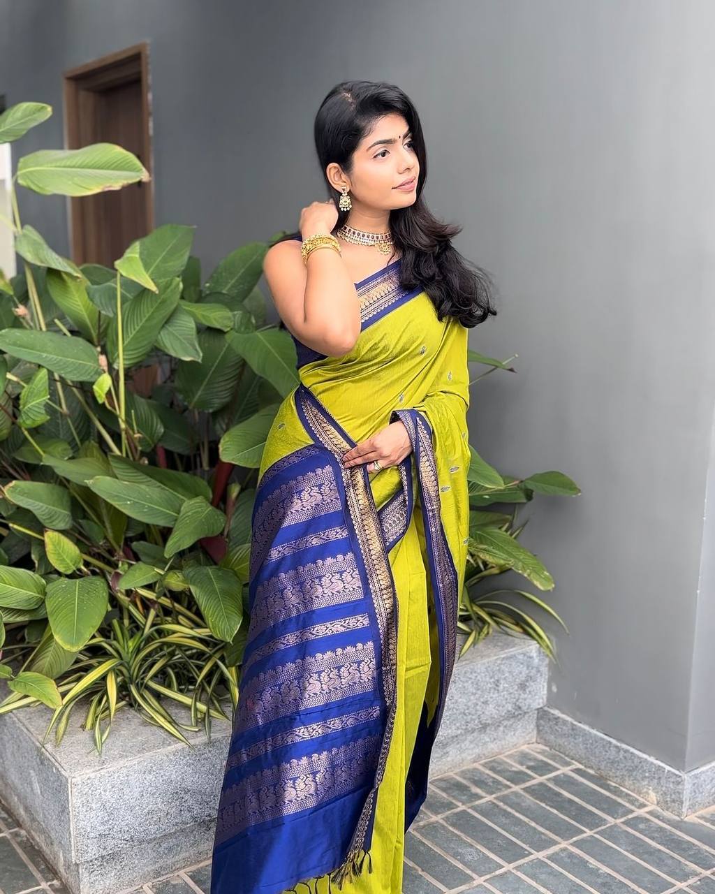 Vibrant Lime Green Silk Saree with Royal Blue Zari Border | Premium Traditional & Festive Wear
